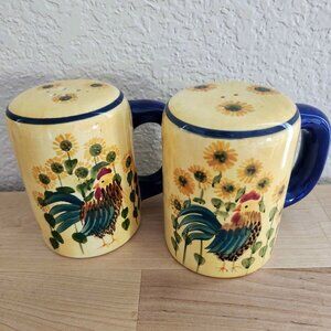 GUC Carol Endres Hand painted Rooster & Sunflower Salt/Pepper Handled Shakers